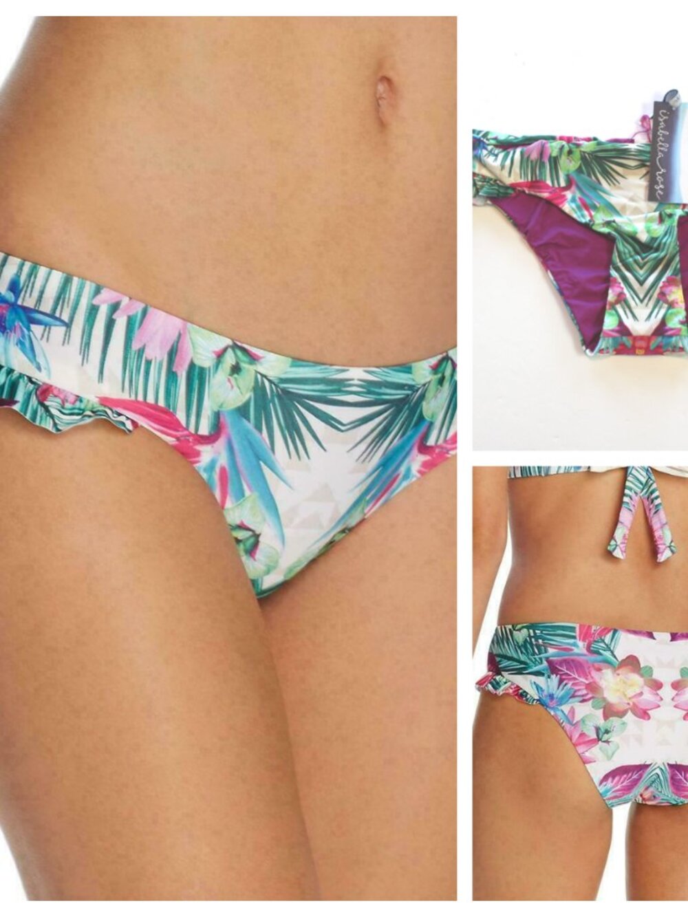 Isabella Rose Hot Tropics Ruffle Side Bikini Swim Bottom White Purple Large NWT